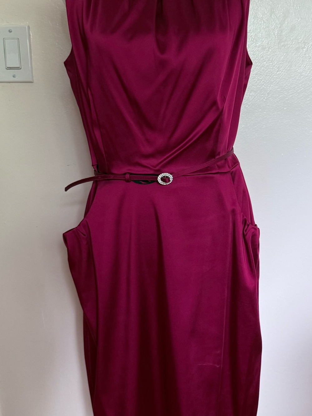Jones Wear Deep Red Sleeveless Midi Sheath with Rhinestone Buckle